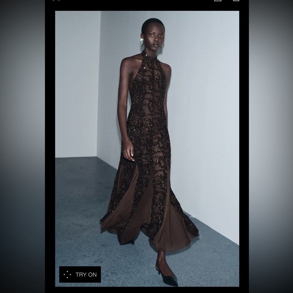 NWT Zara Elegant Brown Sequin Halter Dress